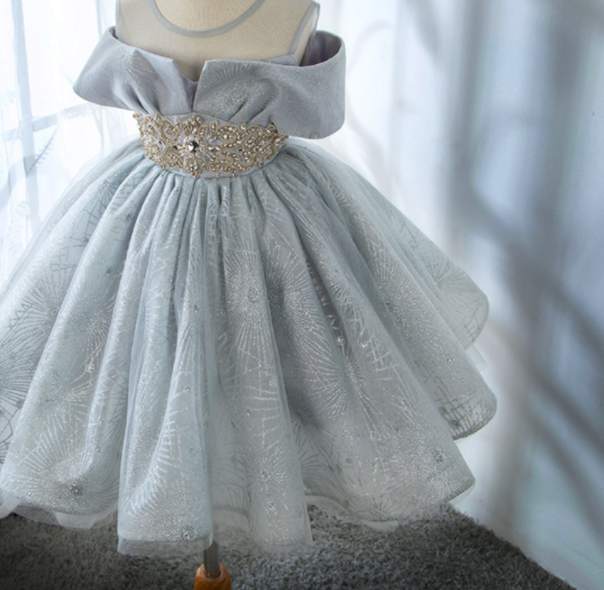 Sparkly Grey Silver Party Dress for Girls with Rhinestone Belt