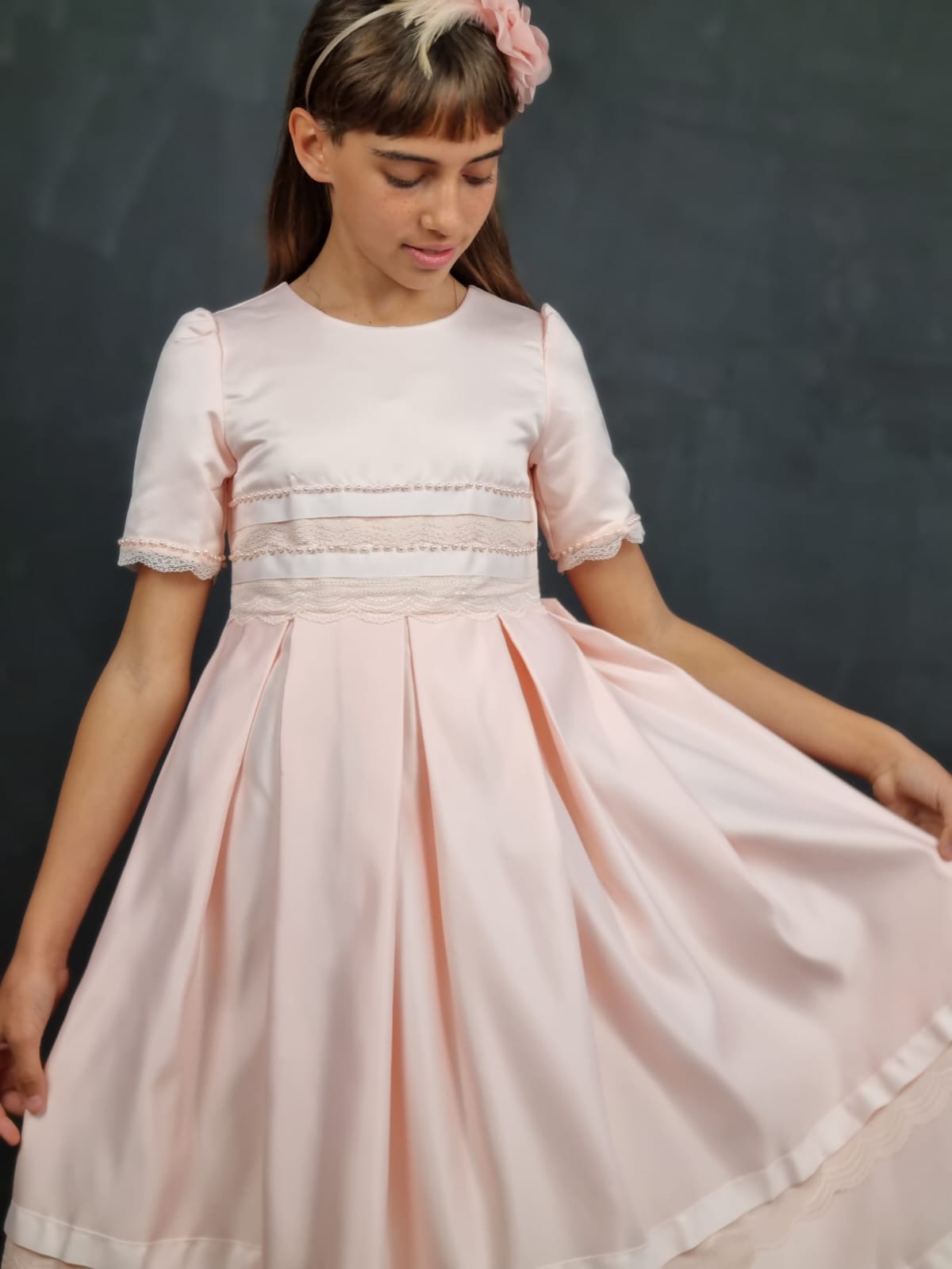 cocobee-Pink Satin and Pearls Tea Length Thea Princess Dress-1