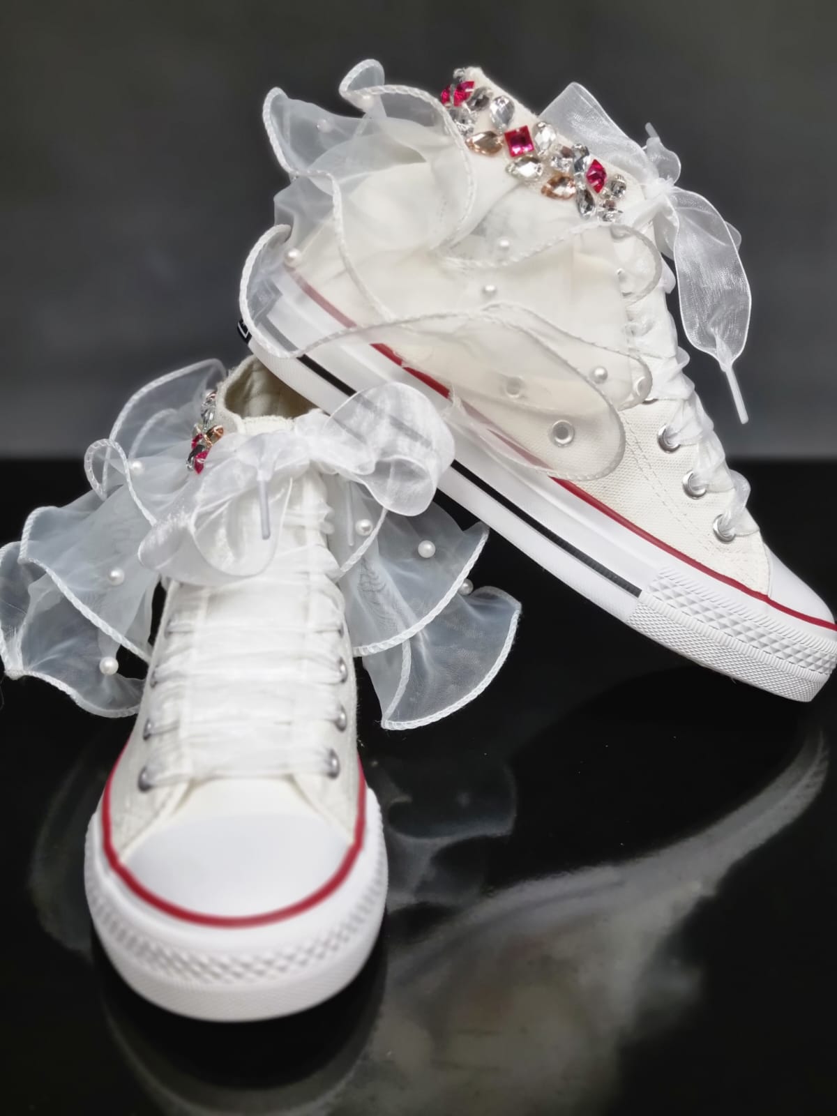 cocobee-White Converse Shoes with Pearls and Sparkly Rhinestones-1