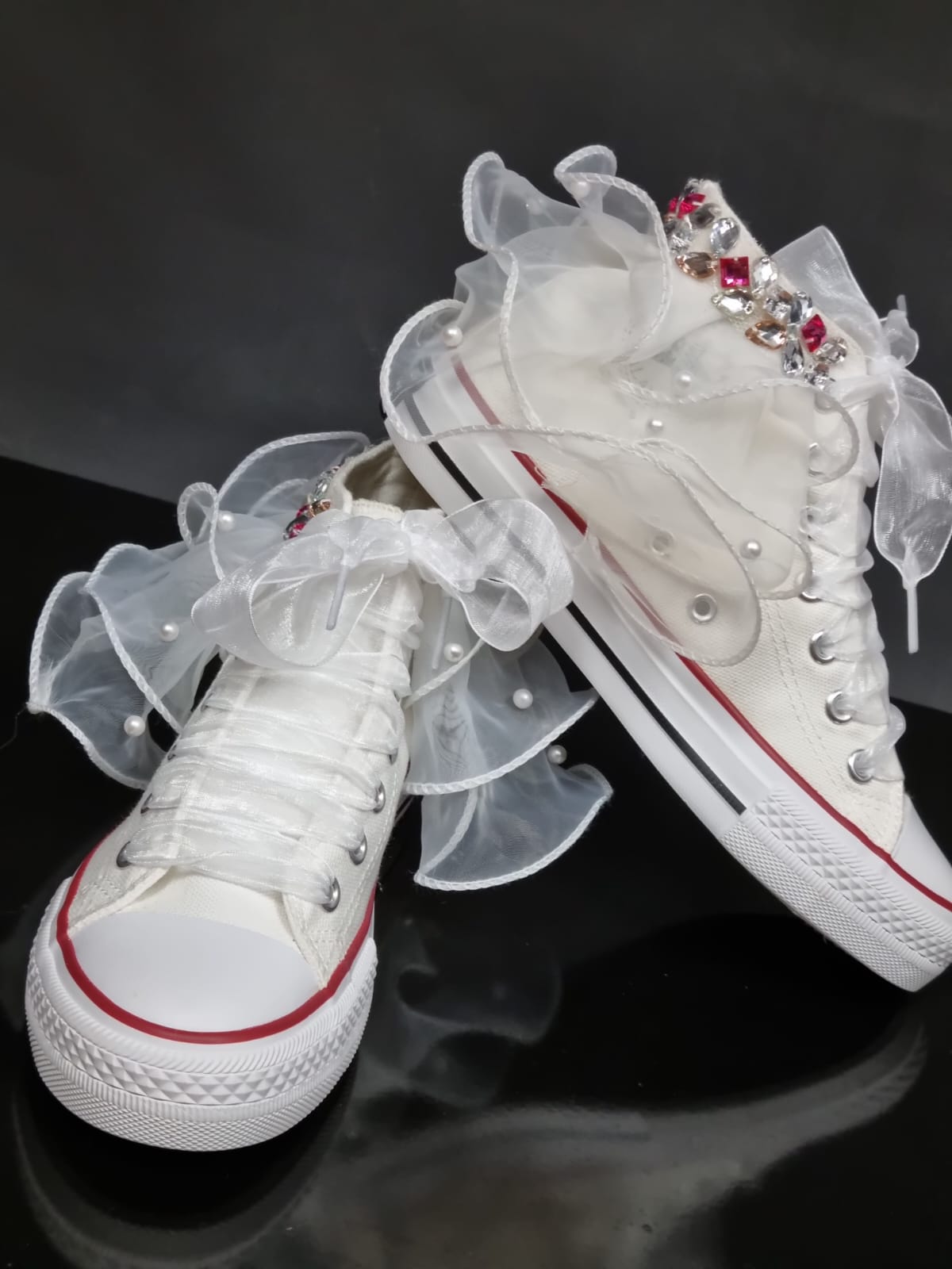 cocobee-White Converse Shoes with Pearls and Sparkly Rhinestones-2