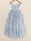 cocobee-Blue 3D Beaded Lace Flower Tulle Off Shoulder Wedding Flower Girl Dress Princess Rania1