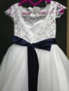 cocobee-Princess Isadora White Lace and Tulle Dress with Navy Satin Bow 2