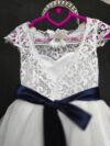 cocobee-Princess Isadora White Lace and Tulle Dress with Navy Satin Bow 3