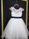 cocobee-Princess Isadora White Lace and Tulle Dress with Navy Satin Bow 4