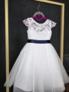 cocobee-Princess Isadora White Lace and Tulle Dress with Navy Satin Bow 5