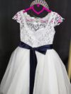 cocobee-Princess Isadora White Lace and Tulle Dress with Navy Satin Bow 6