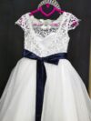 cocobee-Princess Isadora White Lace and Tulle Dress with Navy Satin Bow 7