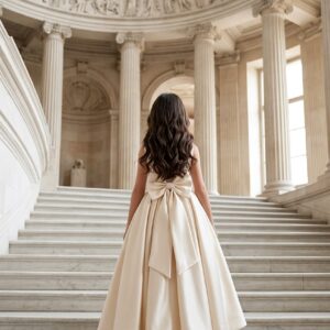 Long Satin Ivory dress with bow