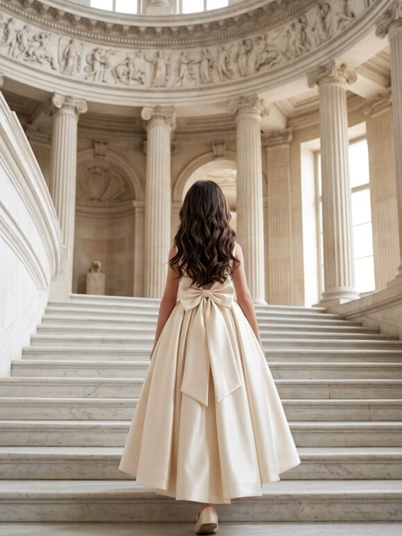 Long Satin Ivory dress with bow